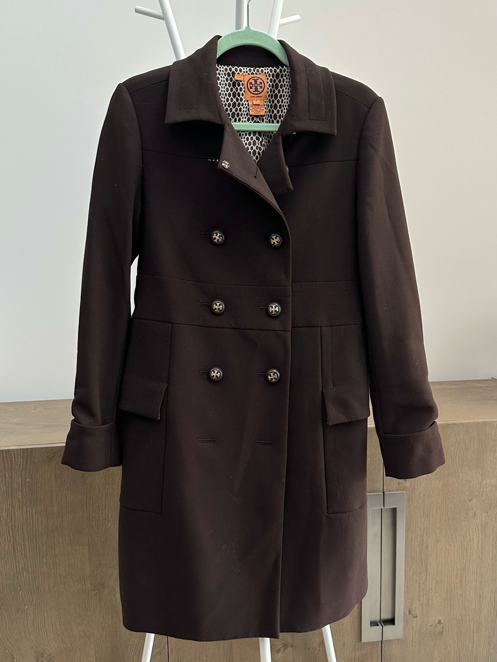 Tory Burch Dark Brown Double-Breasted Wool Blend Pea Coat